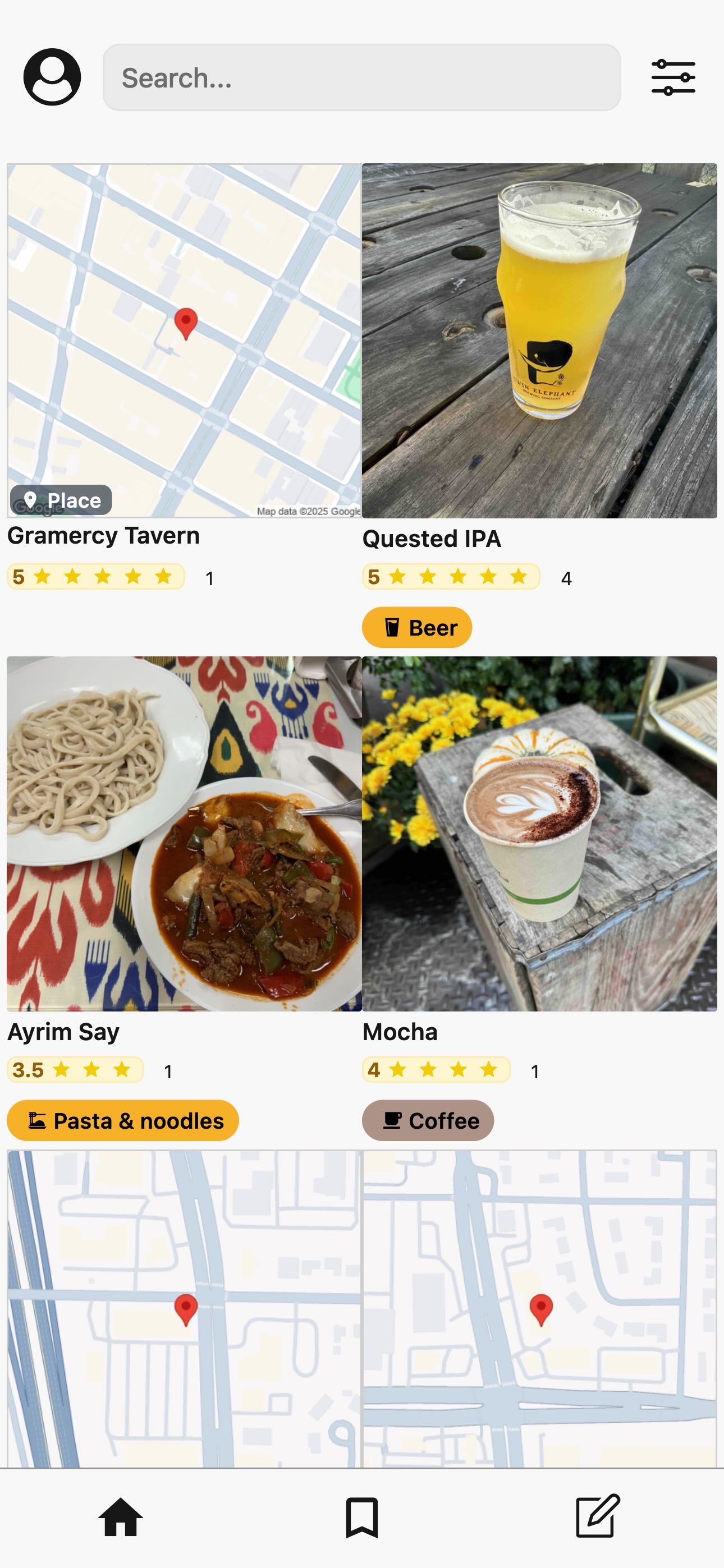 A screenshot of Memolli's map view showing various restaurant reviews pinned on a map.