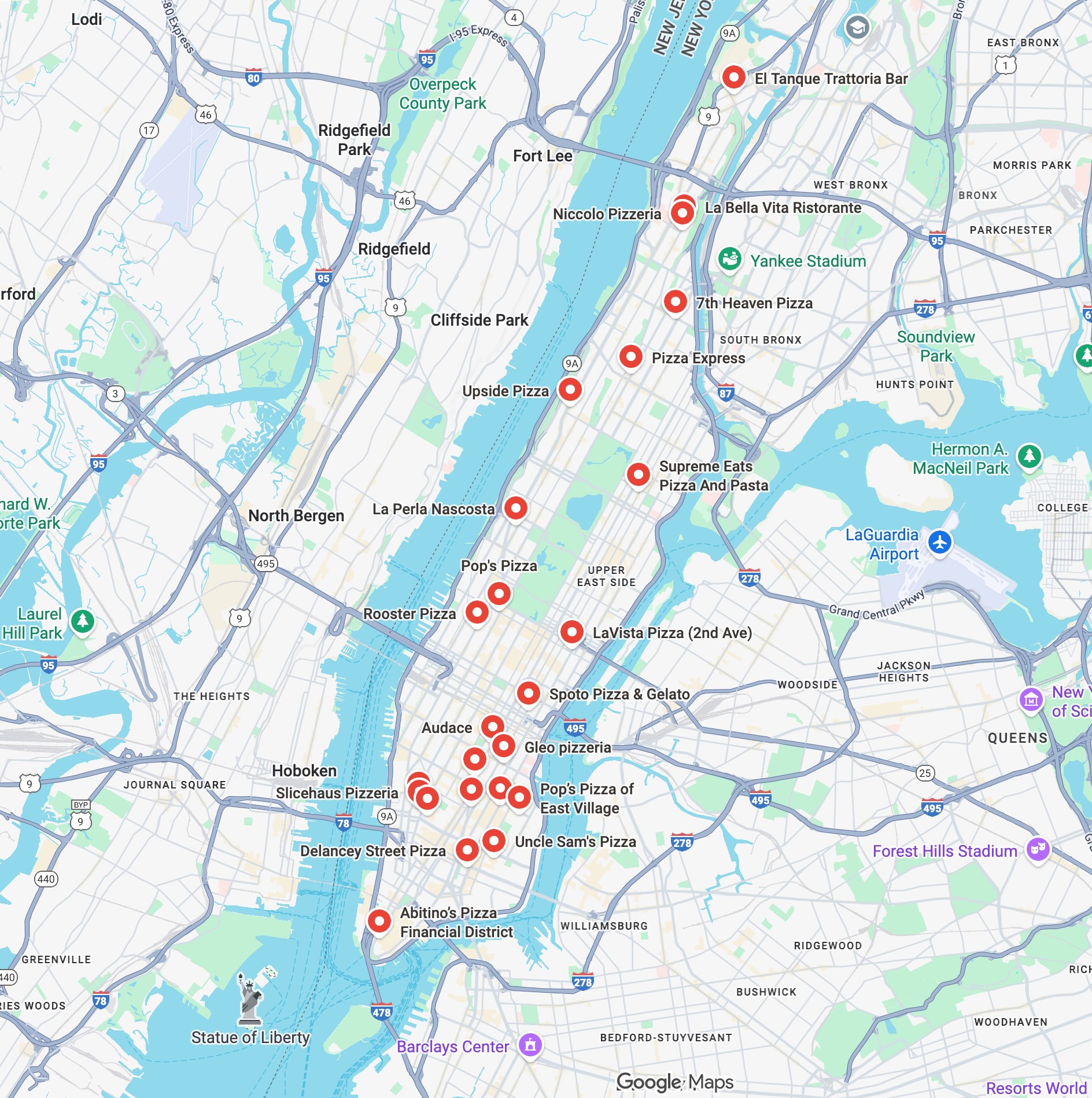 A screenshot of a Google Maps list showing the top-rated pizza places in Manhattan.